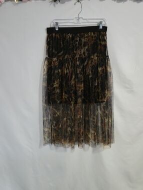 DKNY Black and Brown Sheer Pleated Midi Skirt